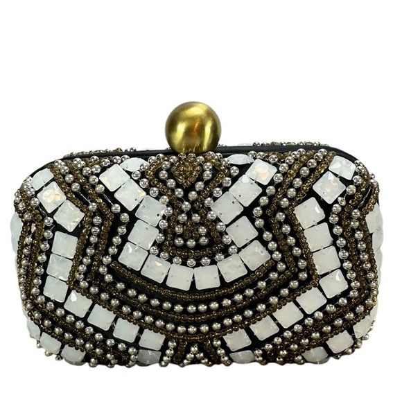 Santi India Beaded Evening Clutch Bag Hard Shell White & Gold on Black 7"W NWT - Picture 2 of 10